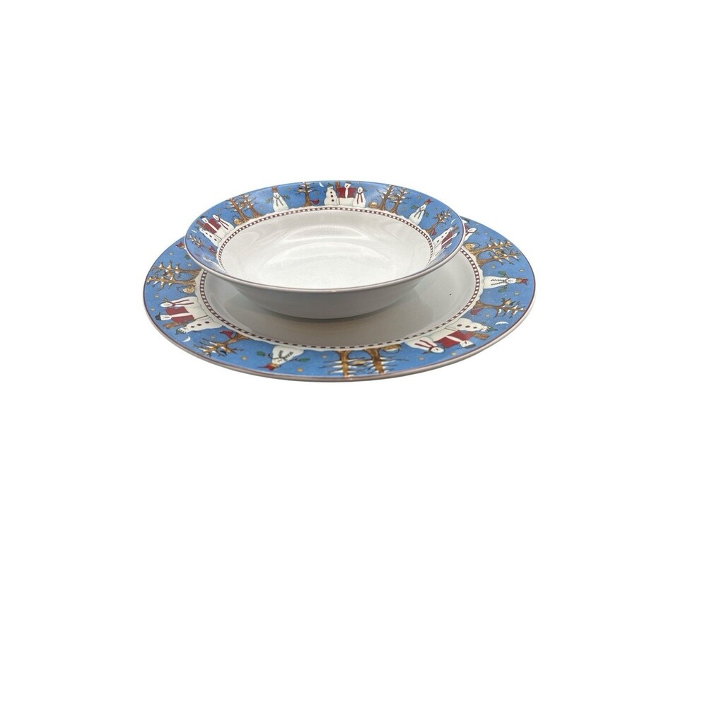 Debbie Mumm  Sakura Chiristmas Snowman Dinner Plate And Soup Bowl| One Of Each